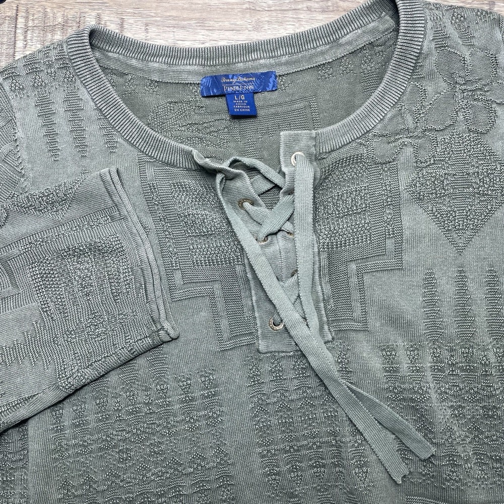 Tommy Bahama‎ Pendleton Lace Up Jacquard Textured Knit Top Women's Large Olive